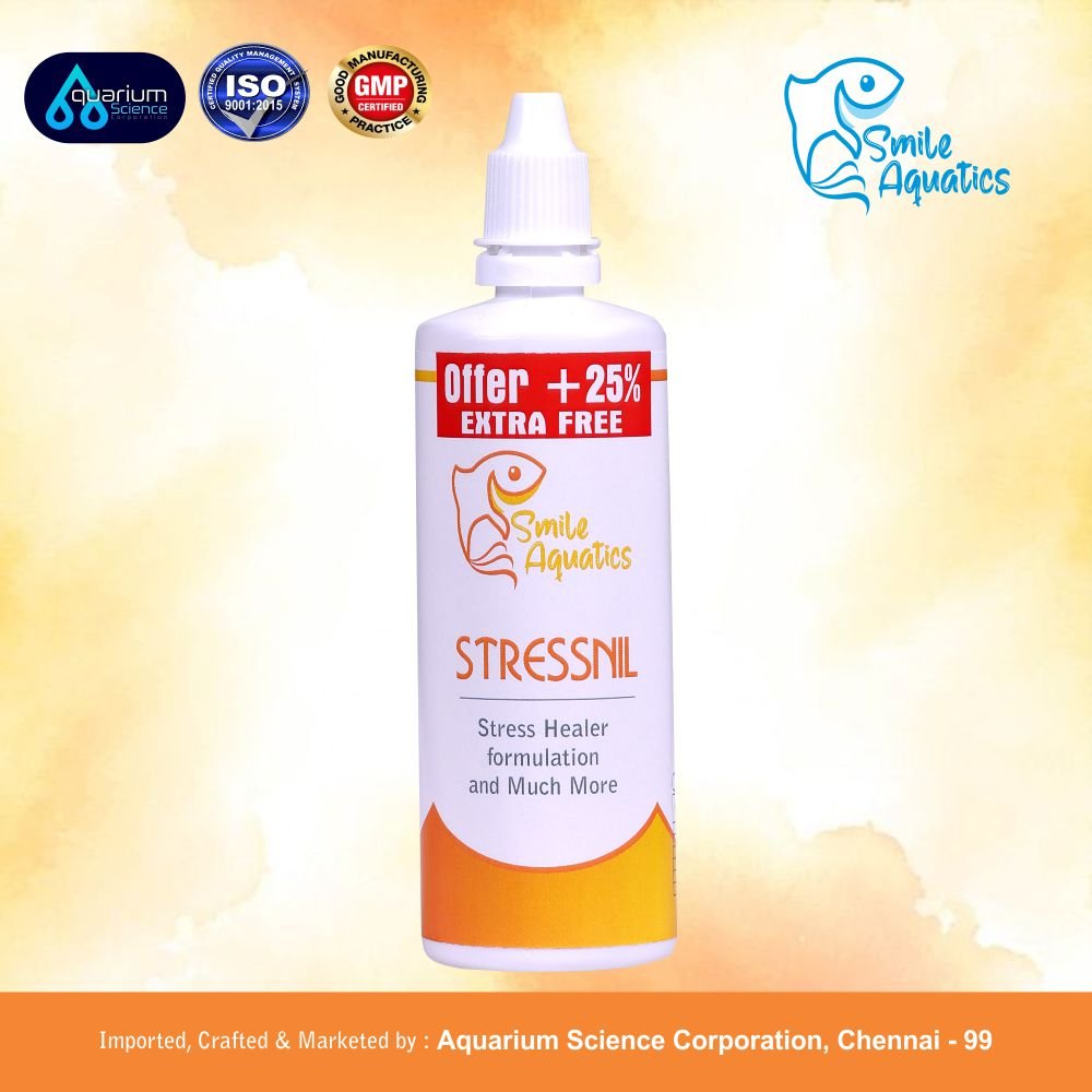 smile aquatics Stressnil po1 STRESSNIL Smile Aquatics Stressnil | Natural Stress Relieving Formula for Aquarium Fishes | with Aloe Vera, Curcumin & Vitamins | Water Conditioner, Slime Revival
